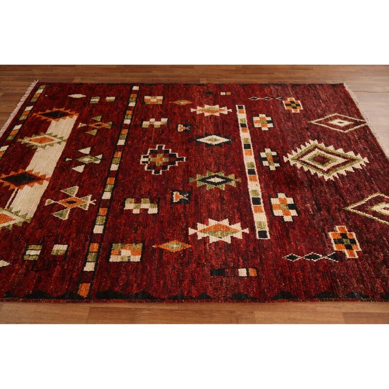 Hand Knotted Oriental 100% Wool Carpet Modern Tribal Red Moroccan Area Rug - 7' 9'' X 5' 8''