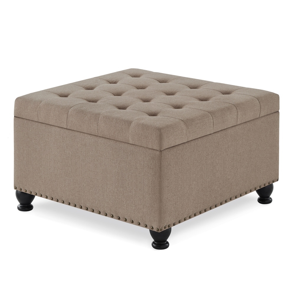 Linen Fabric Square Ottoman, Upholstered Button Tufted Storage Ottoman, Coffee Table with Nail Trims & Rubber Wood Legs