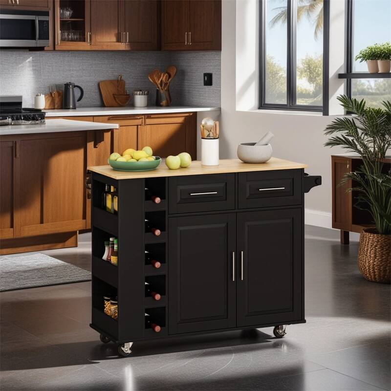 Multi-Functional Kitchen Island Cart with 2 Door Cabinet and Wine Rack - N/A - Black