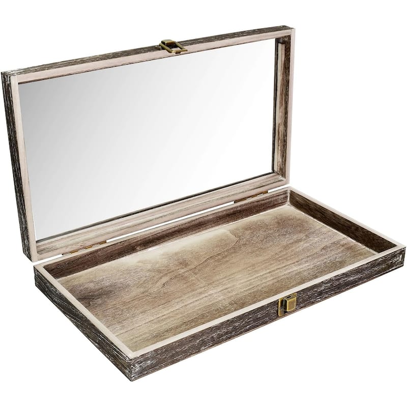 Wood Glass Top Jewelry Display Case Accessories Storage Box - S