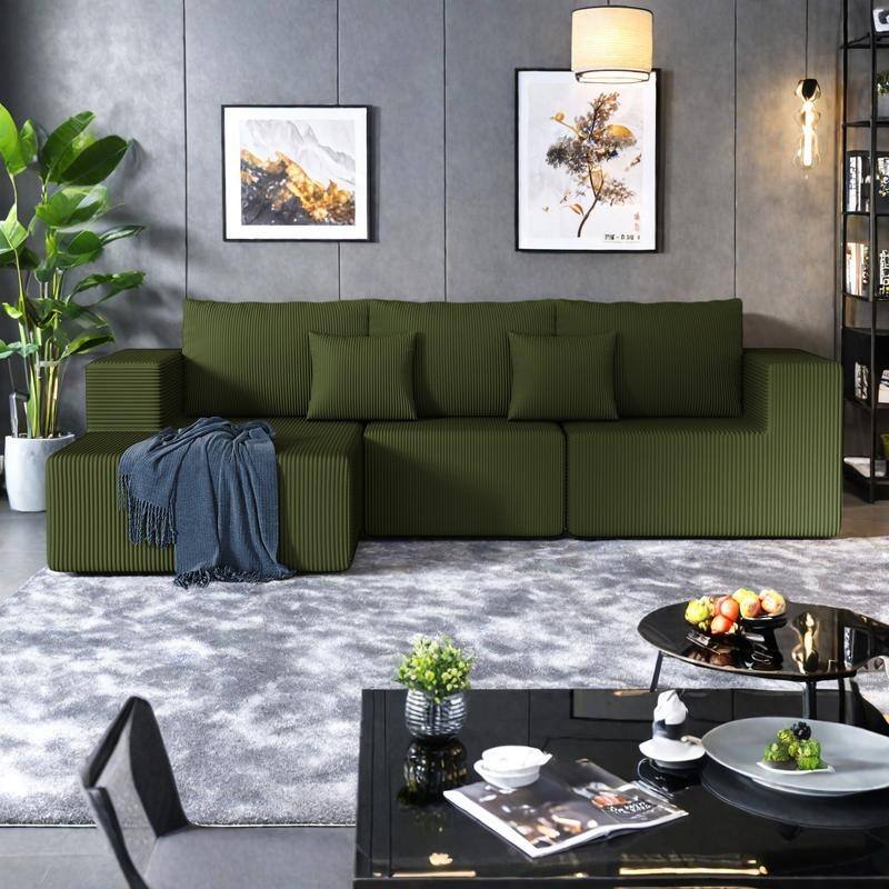 108.3" Corduroy L-Shaped Modular Cloud Sofa with Chaise Lounge - Green