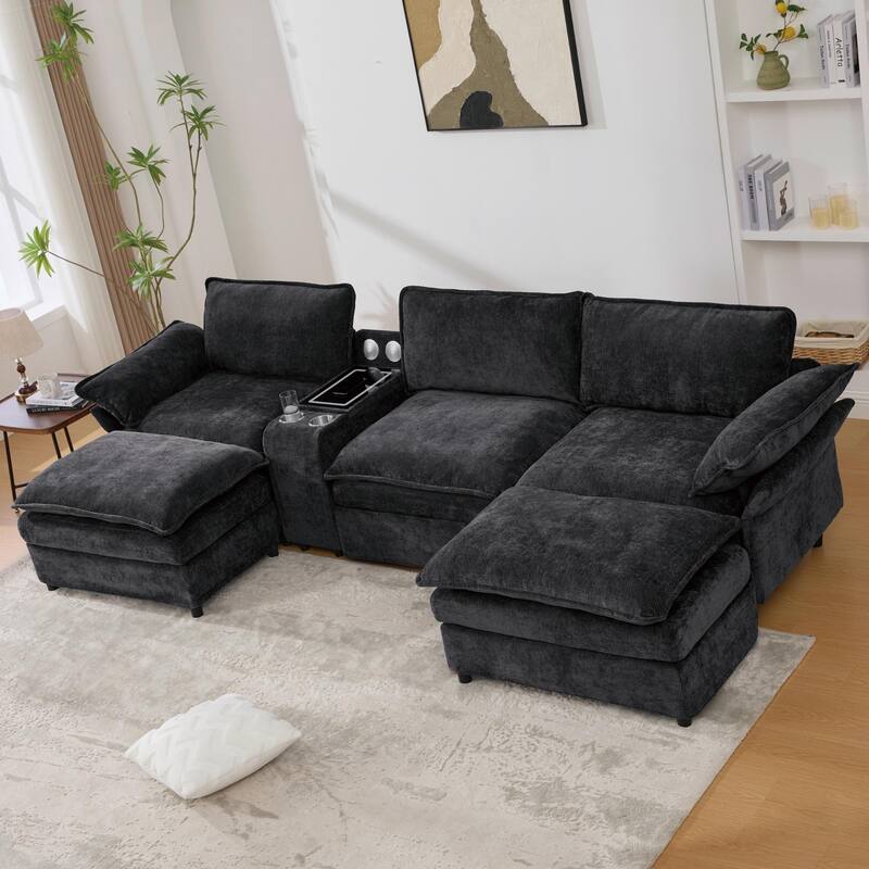 U-Shaped Chenille Modular Sofa with Bluetooth Speakers, Wireless Charging, Storage Console, 2 Cup Holders & Movable Ottoman