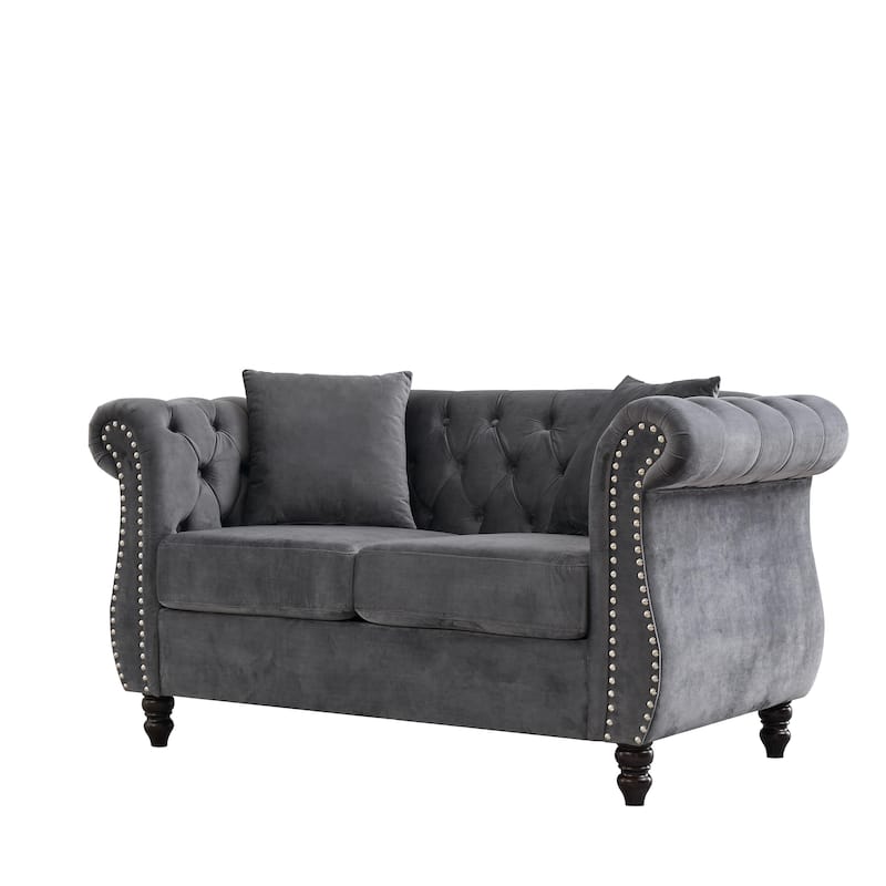 Velvet Chesterfield Upholstered Sofa, Low Back Tufted Sofa with 2 Pillows, 2 Seater Sofa with Nailhead Trim & Rolled Arms