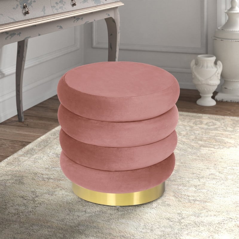 Adeco Round Velvet Ottoman Upholstered Foot Stool - Pink