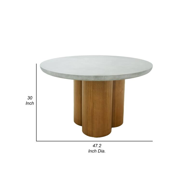 Cid Ziv 47 Inch Dining Table, Gray Faux Concrete Round Top, 3 Pillar Base