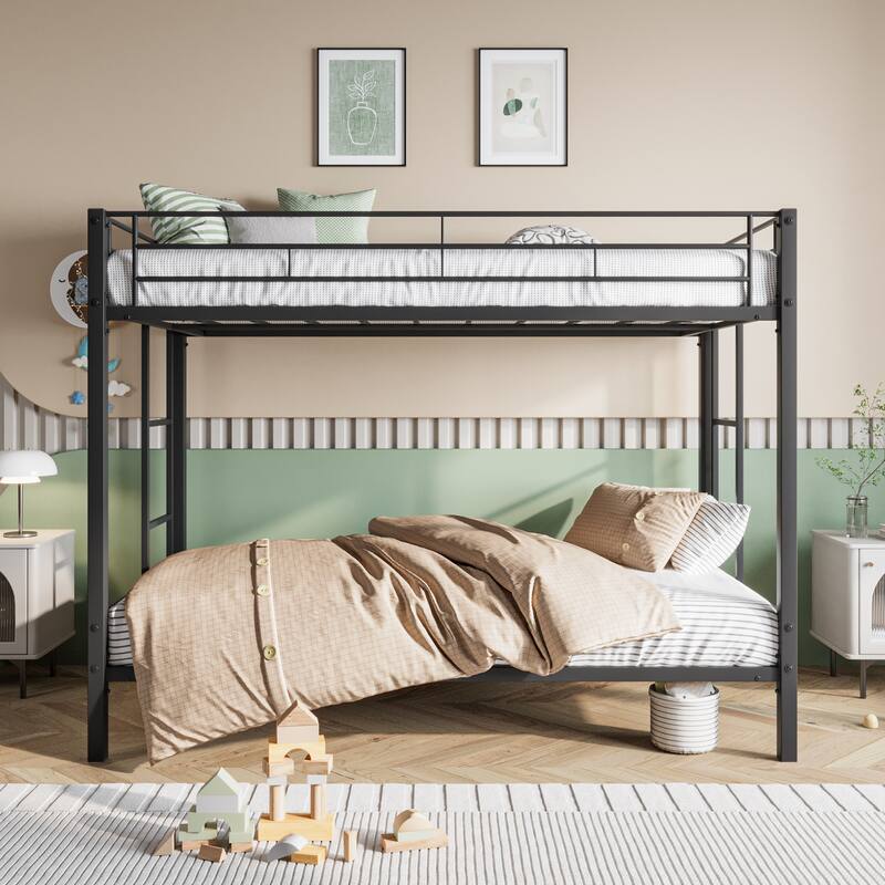 Twin over Twin Metal Bunk Bed, Heavy Duty with shelf and Slatted Support