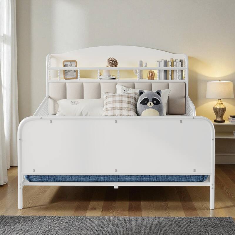 Twin/Full Size Metal Platform Bed with LED Lights and Upholstered Headboard, Kids Bed Frame with Storage Shelf