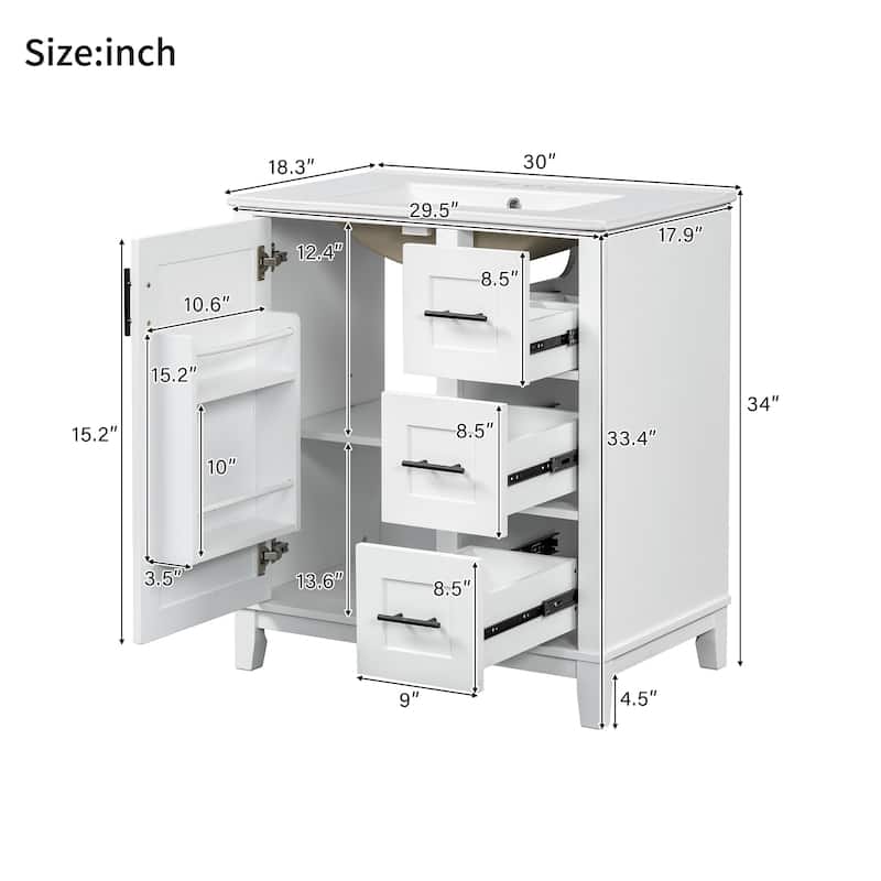 30" Bathroom Vanity with Ceramic Sink, Soft-Close Door, 3 Drawers, Rubberwood Frame, MDF Panels