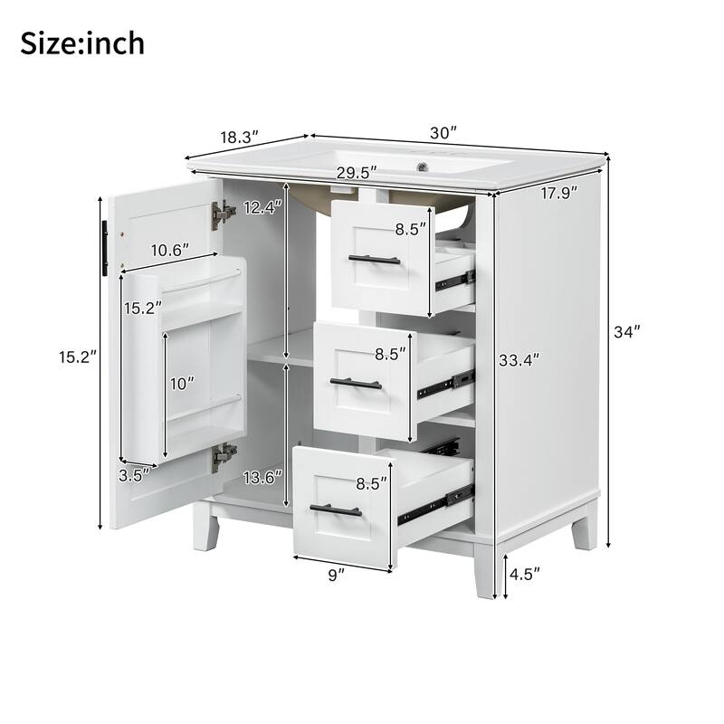30" Modern Bathroom Vanity with Ceramic Sink - Rubberwood Frame, MDF Panels, 1 Door & 3 Drawers, Double Storage Racks