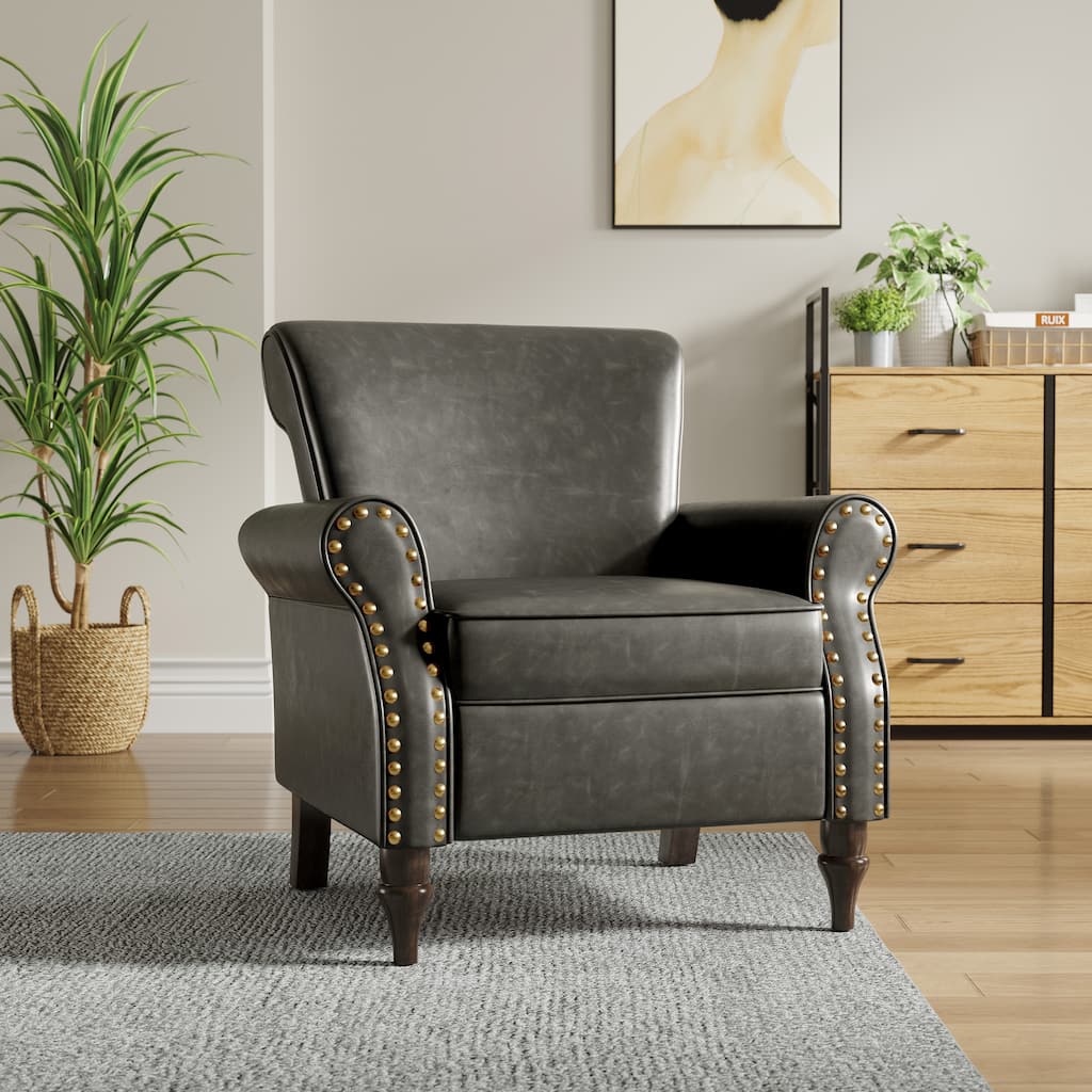 Modern Nailhead Accent Chair Faux Leather Armchair Scroll Back