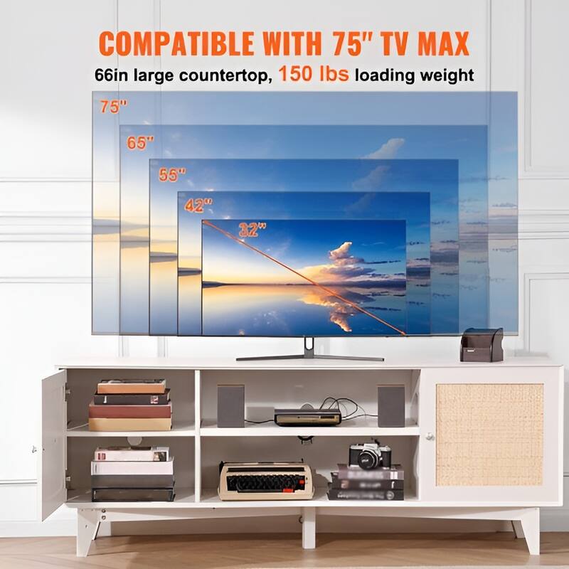 Rattan TV Stand for 75 Inch TV Mid Century Modern Cabinet with Storage - 17.4x17.4x13.8in