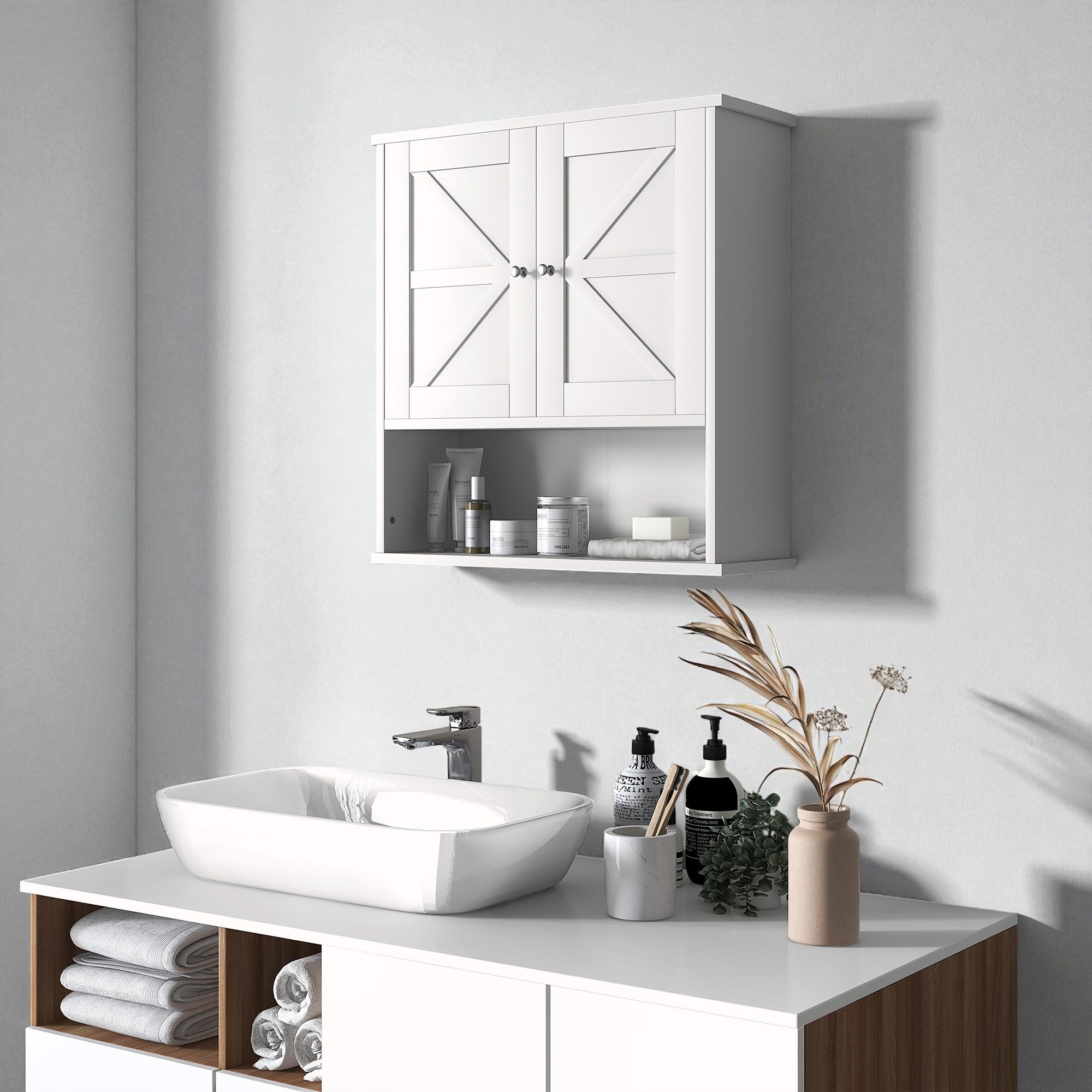 Farmhouse Wall Mounted Bathroom Cabinet with Adjustable Shelf and Open Storage, Over the Toilet Medicine Cabinet - MDF