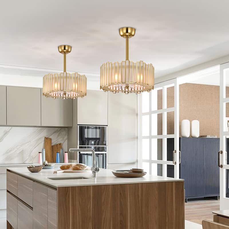 Walda 6-light Brass and Frosted Glass Staggered Panes Fandelier Lighted Ceiling Fan Remote Control - Brass-White