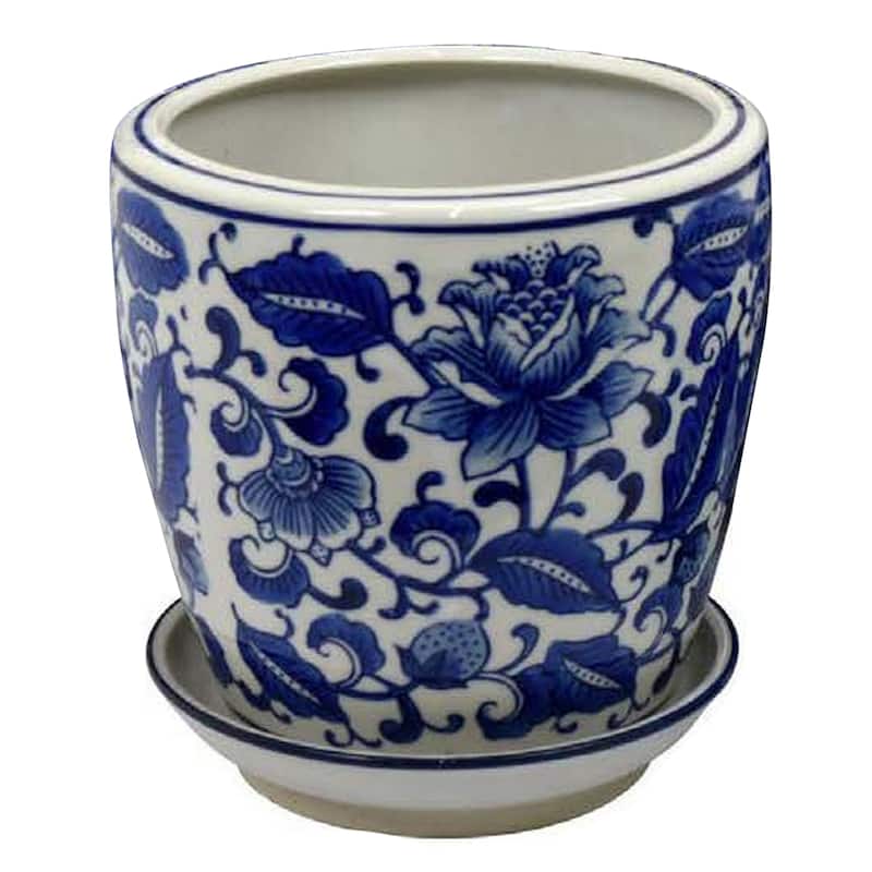 Planter With Saucer Set of 4, Vintage Blue Floral Print, White Ceramic