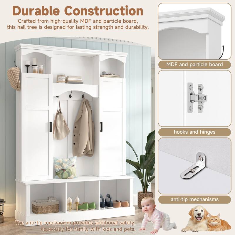 Modern Hall Tree with Adjustable Shelves Dual Cabinets Bench Entryway Organizer