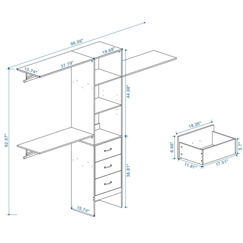 96" Coat Rack w/ 3 Adjustable Shelves,3 Expandable Hanger Rods,3 Drawers