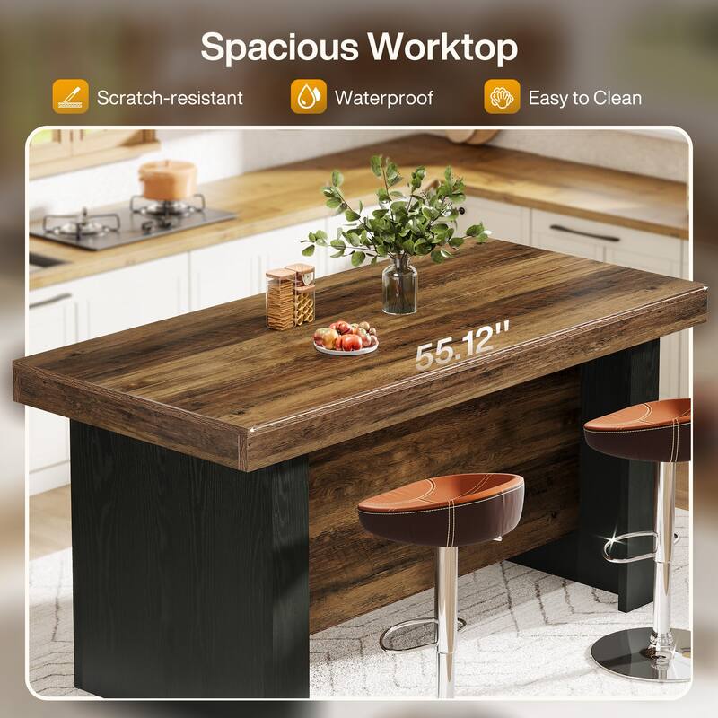 55-Inch Kitchen Island with Storage, Farmhouse Center Island Table