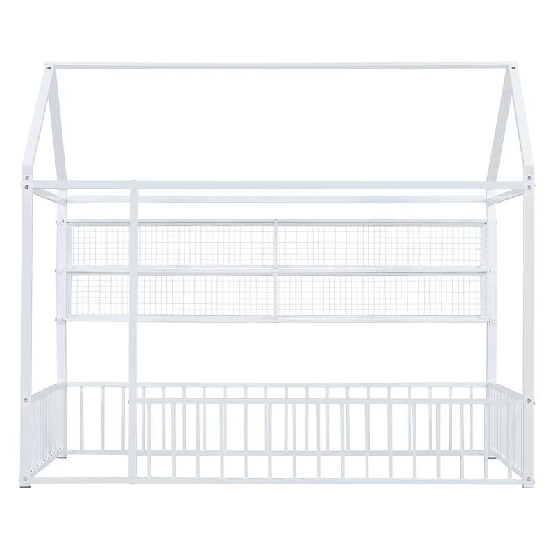 Full Size Metal House Bed Frame with Built-In Grid Shelves, Playful Canopy Design and Space-Saving Storage
