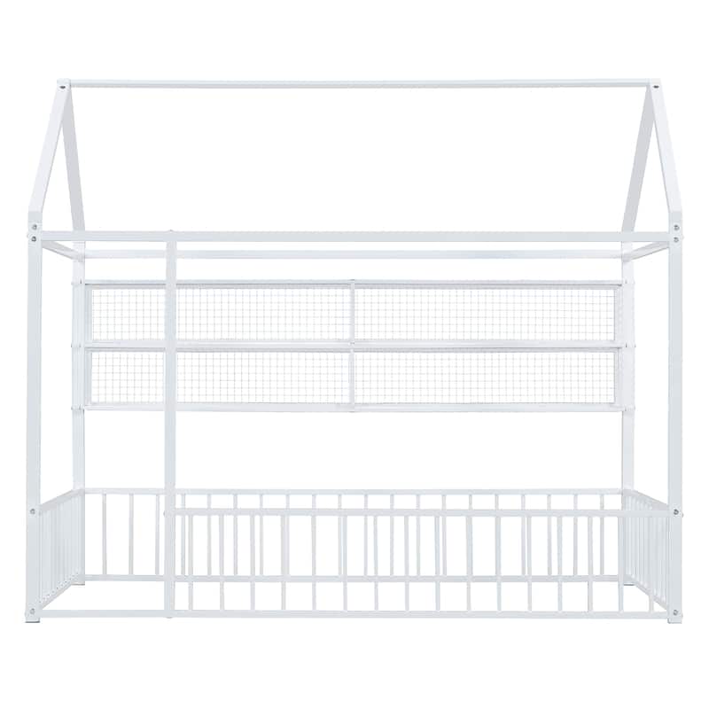 Twin Metal House Bed Frame with Storage Shelves & Fence