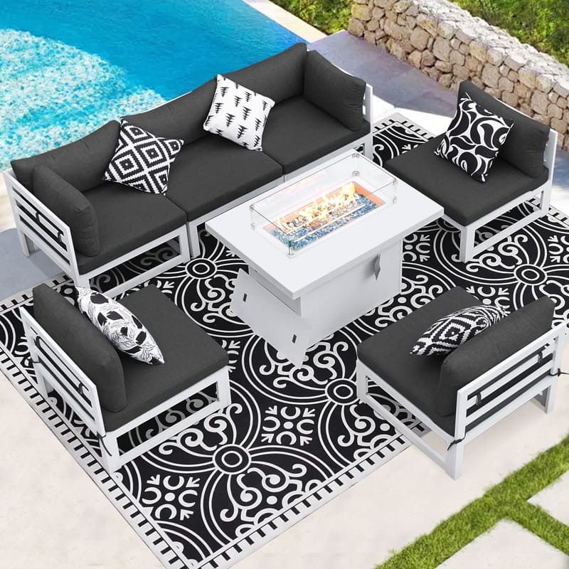 FINCATI 7 Piece Aluminum Outdoor Furniture Set with Propane/Natural Gas Fire Pit Table, 29" Wide Outdoor Sectional Sofa for 6