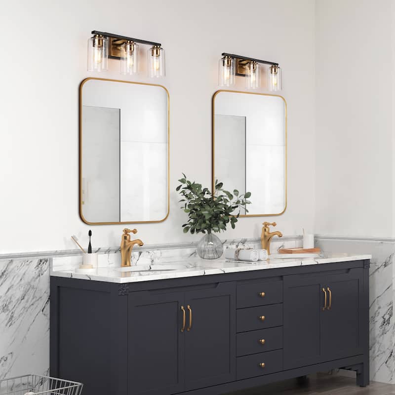 Modern Black Gold 3-Light Bathroom Vanity Lights Wall Lighting with Seeded Glass Shade