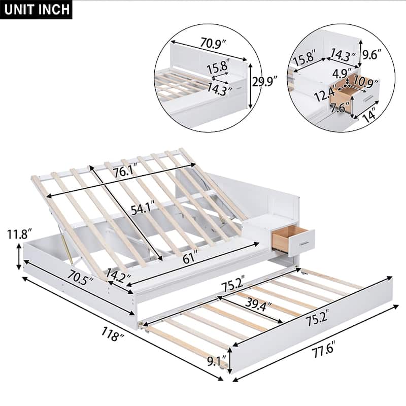 Full Size Wood Storage Hydraulic Platform Bed with Twin Size Trundle