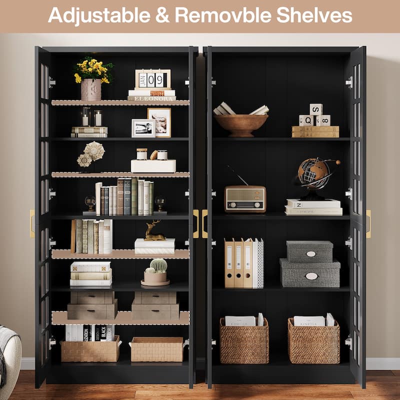 8 Tier Tall Modern Bookcase with Acrylic Doors, Adjustable Shelves