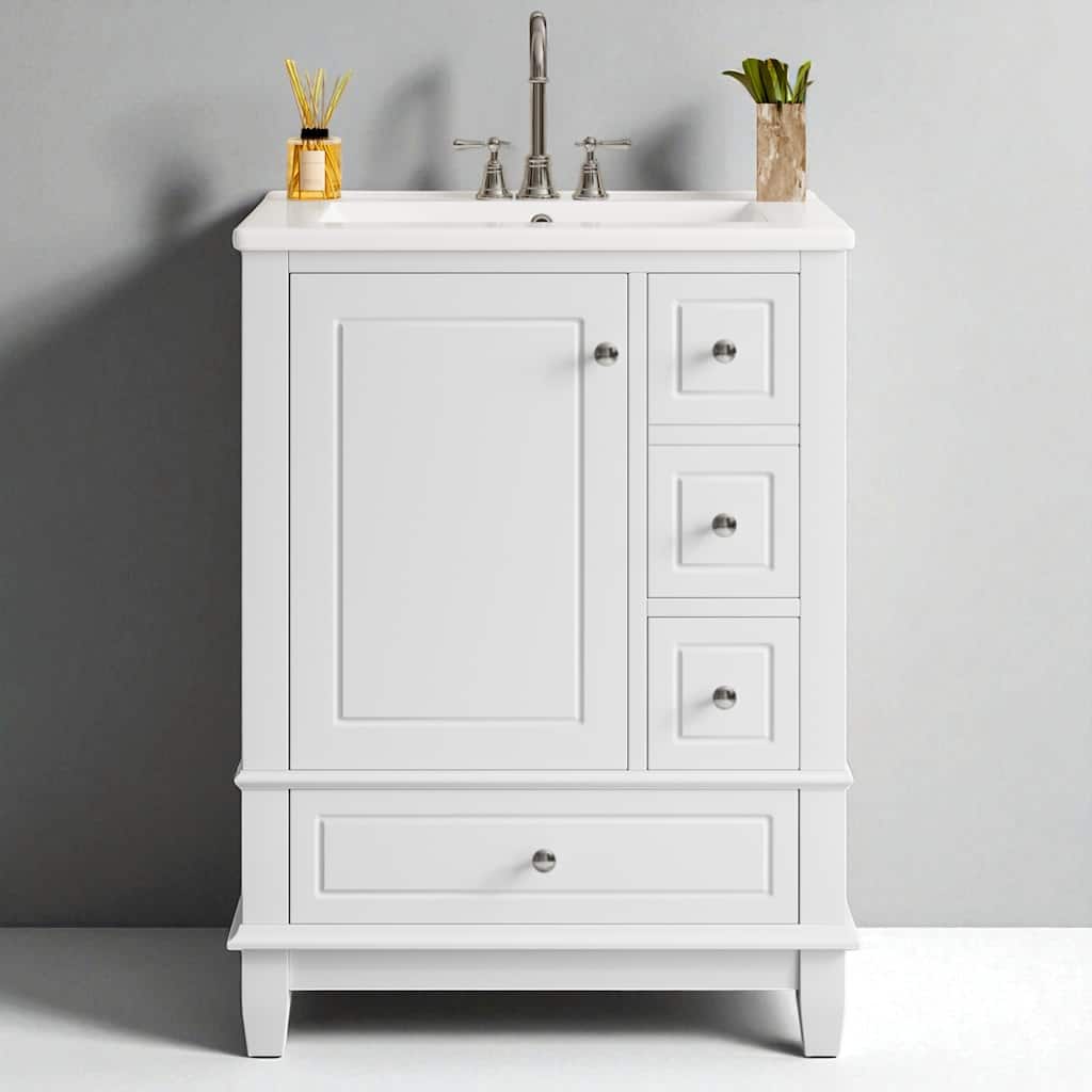 24" Bathroom Vanity with Sink, Freestanding Cabinet with Drawers and Shelves, Ceramic Top, MDF and Solid Wood