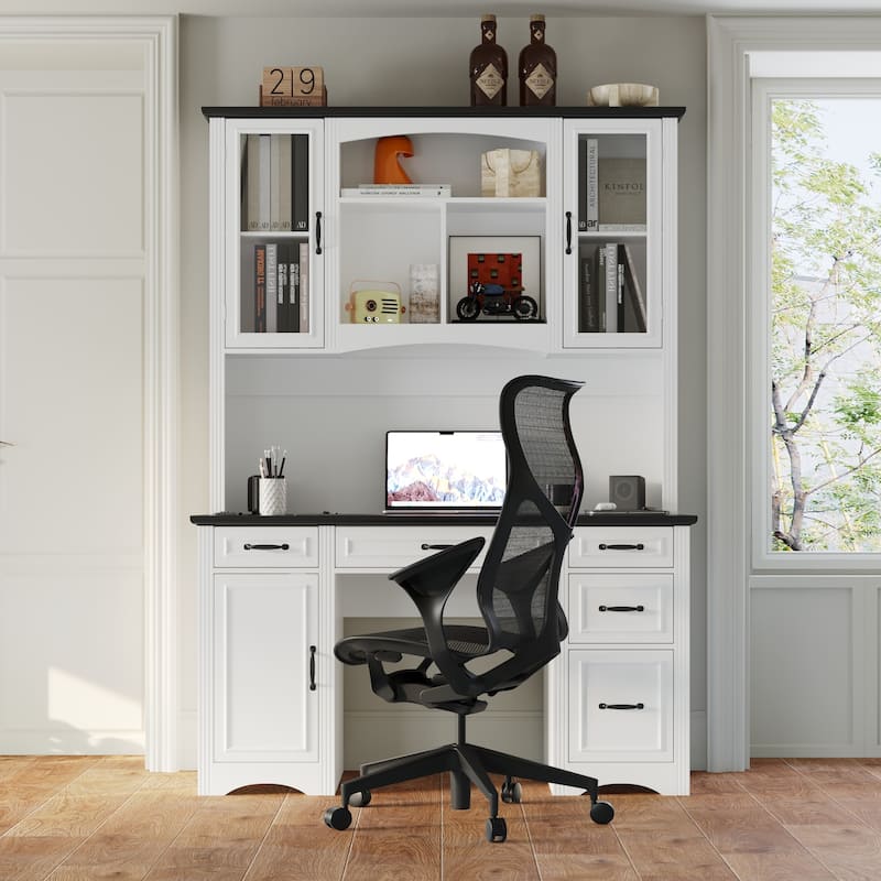 Coffee Bar Cabinet and Work Desk with Hutch,Pantry Storage Cabinet with Outlets