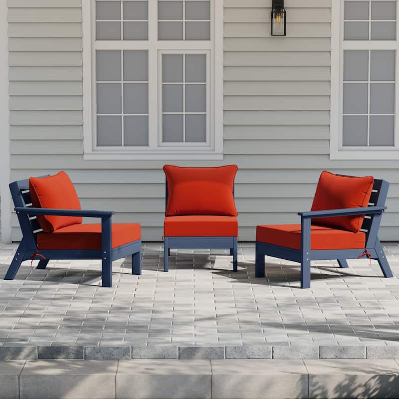 Polytrends Birchwood All Weather HDPE Outdoor Patio Deep Seating Navy Blue Sofa With Cushions (3-Piece) - Navy Blue/Orange