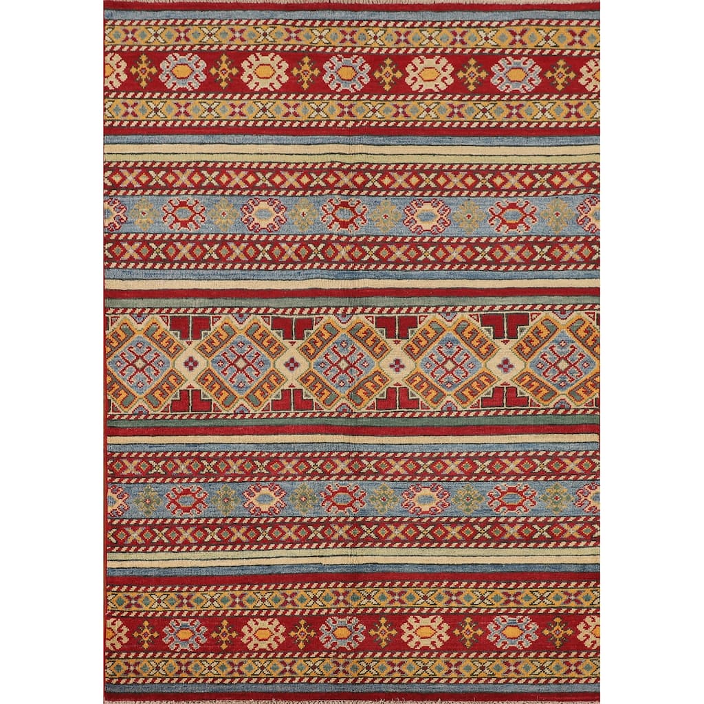Striped Multi-Color Kazak Oriental Area Rug Handmade Wool Carpet - 4'0" x 5'11"