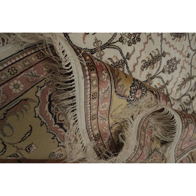 Hand Knotted Oriental Silk Carpet Traditional Floral Beige & Ivories Kashmir Area Rug - 8' 11'' X 6' 1''