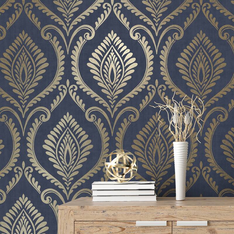 Fine Decor Estelle Blue Damask Wallpaper - N/A