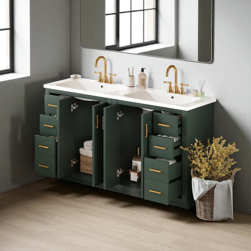 60" Green Bathroom Vanity with Ceramic Sink Combo, Solid Wood Frame Freestanding Cabinet with Drawers & Soft-Close Doors