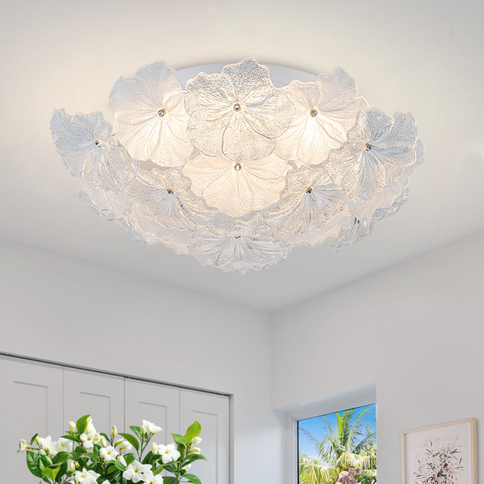 Modern Floral Glass Flush Mount Ceiling Light Dimmable LED Fixture