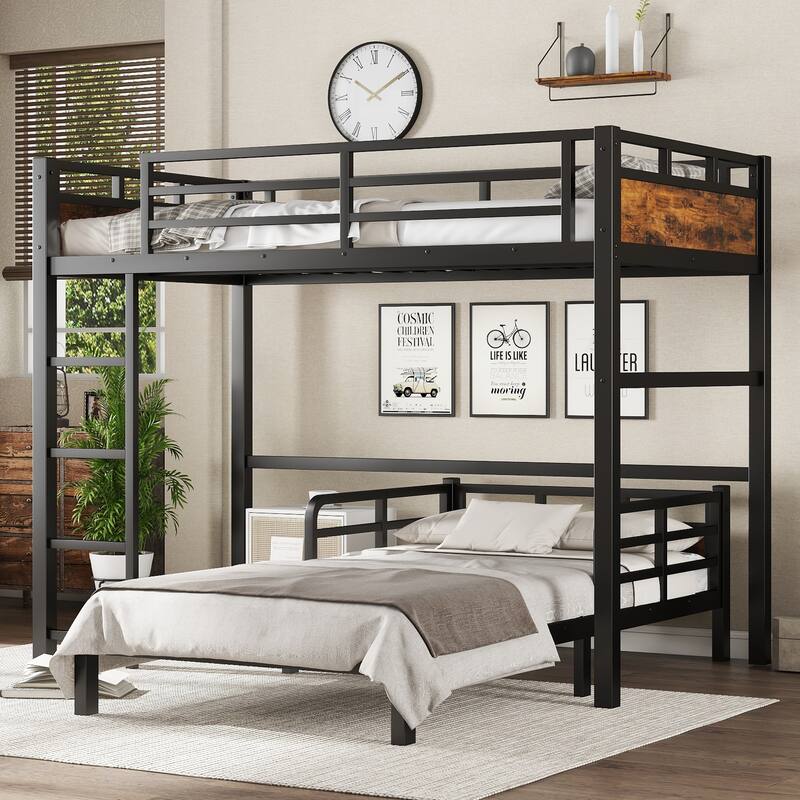 Roomfitters Twin/Full/Queen Metal Bunk Bed & Loft Bed with Raised Safety Fence, Convertible Platform Design, Vintage Wood - Black+Vintage - Twin