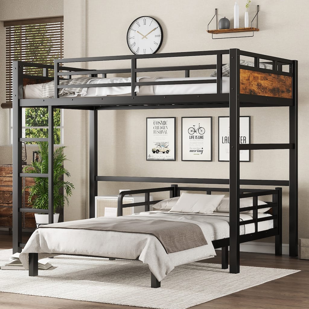Roomfitters Twin/Full/Queen Metal Bunk Bed & Loft Bed with Raised Safety Fence, Convertible Platform Design, Vintage Wood