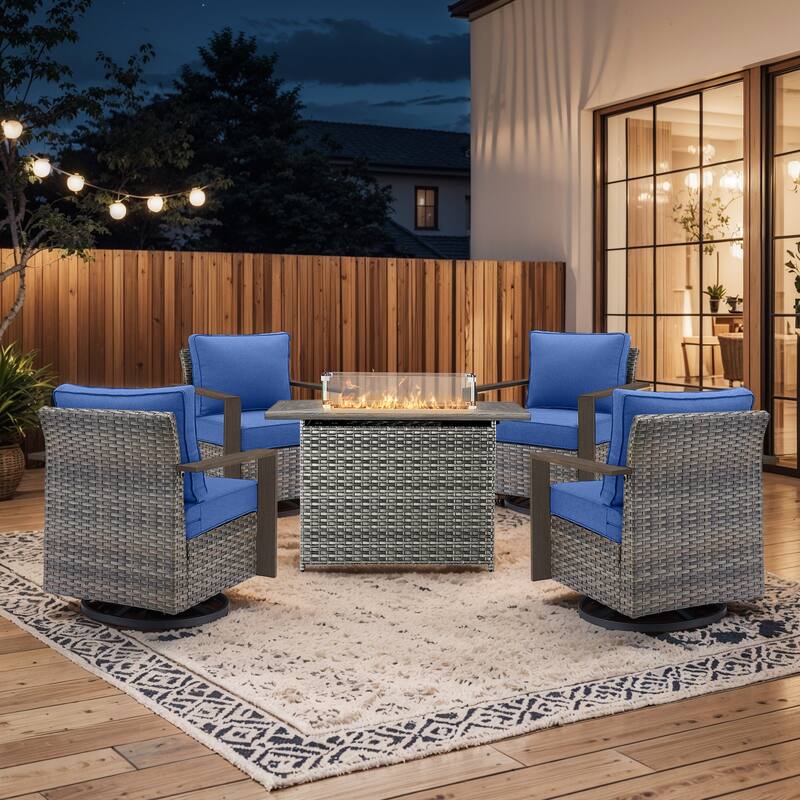 Pocassy 5 Pieces Outdoor Swivel Chair with Fire Pit Table Set - Blue cushion - Gray Wicker