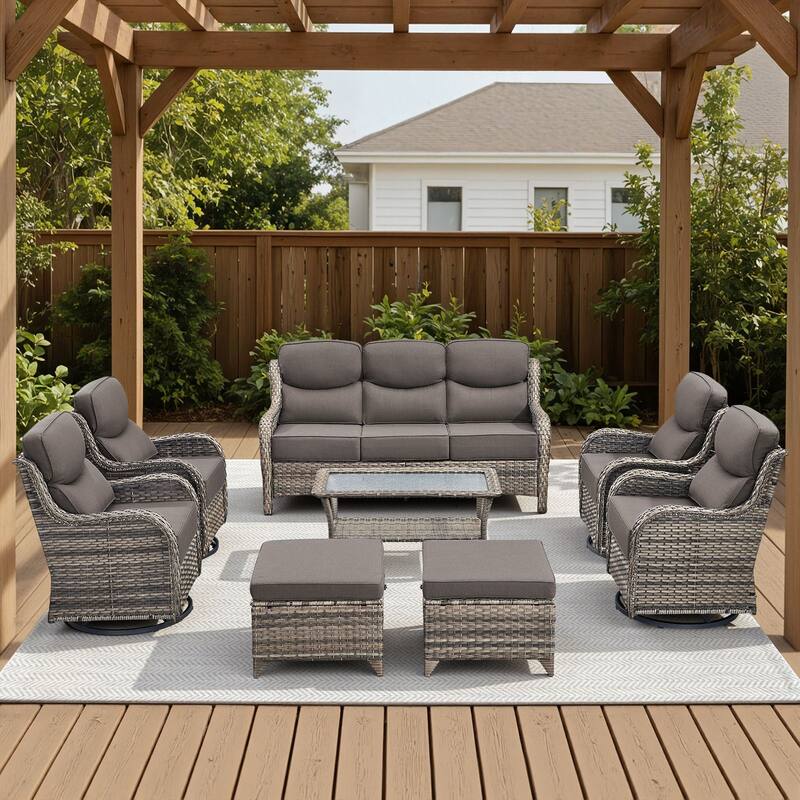 Arcadia 8-Piece Wicker Patio Conversation Set with Swivel Gliders and 6-Inch Thick Olefin Cushions - Gray Cushions - Gray Wicker