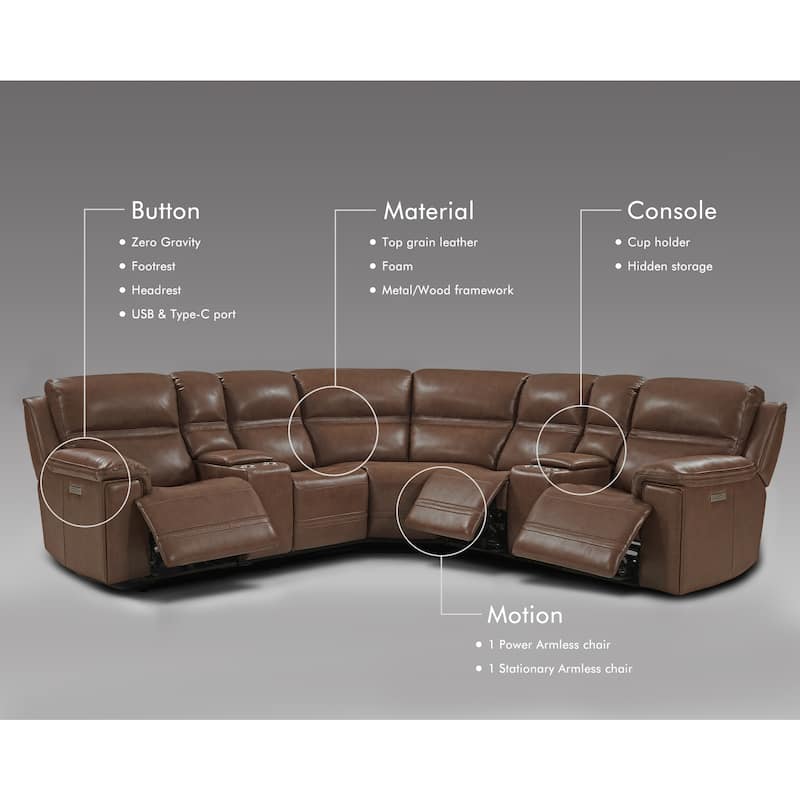 7PCS, 3 power Recliners, Dual-Power Genuine Leather Reclining Sectional with Console, Zero Gravity