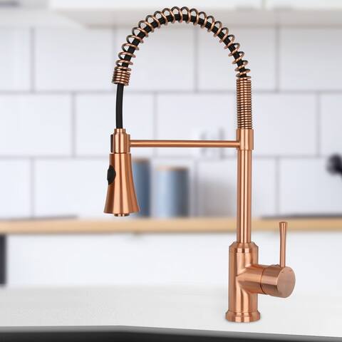 Copper Pre-Rinse Spring Kitchen Faucet, Single Level Solid Brass Kitchen Sink Faucets with Pull Down Sprayer - 8.9x20.9"