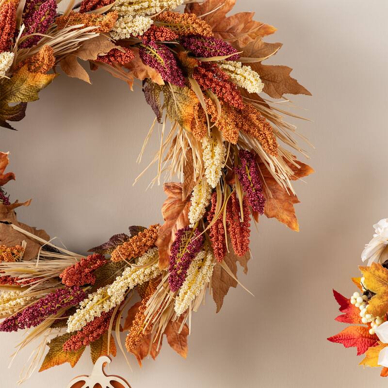 Glitzhome Fall Harvest Artificial Sorghum Garland Wreath Swag Floral Porch Decor