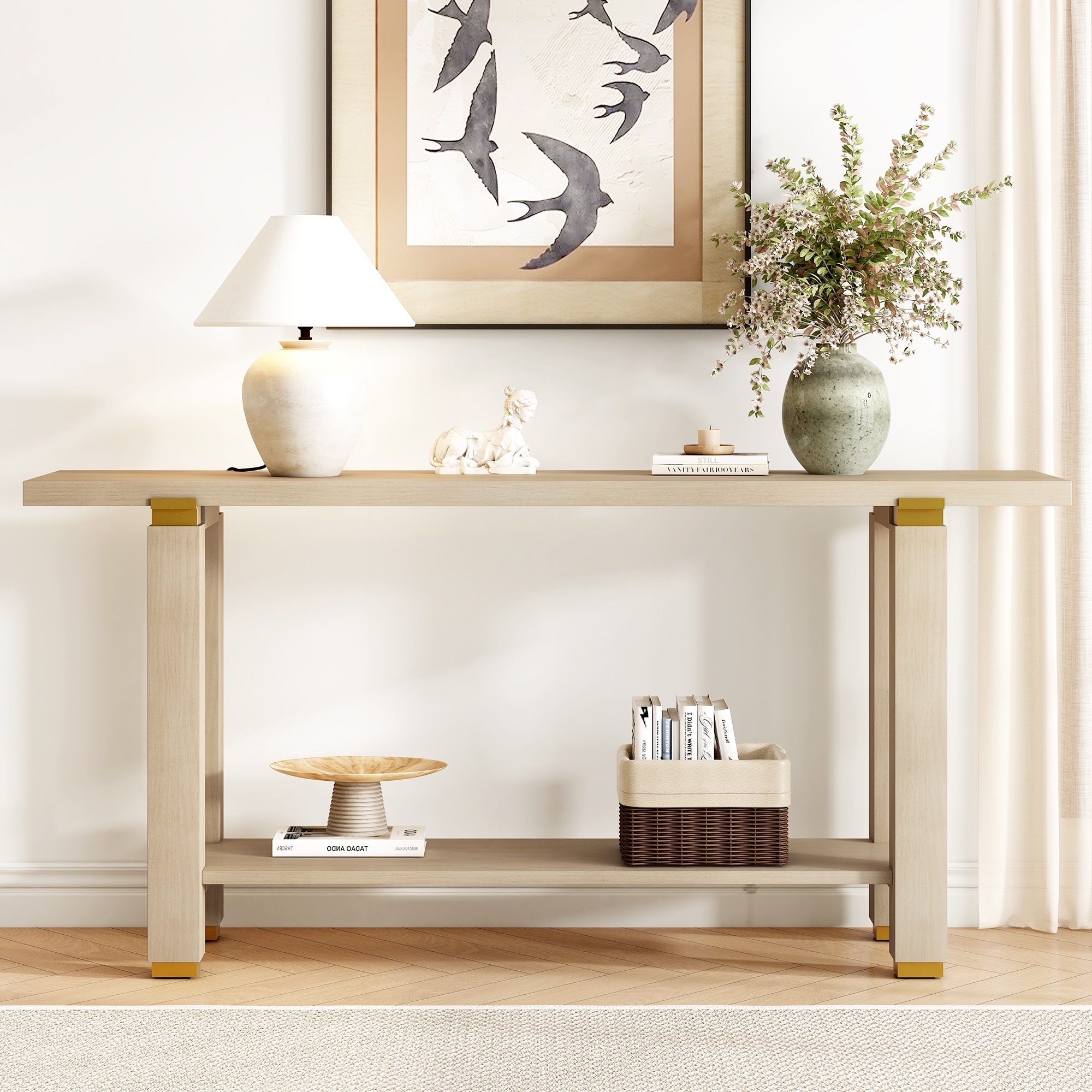 62.9" Modern Minimalist Console Table, Solid Wood Entryway Sofa Table with Metal Accents, Built-in Shelf