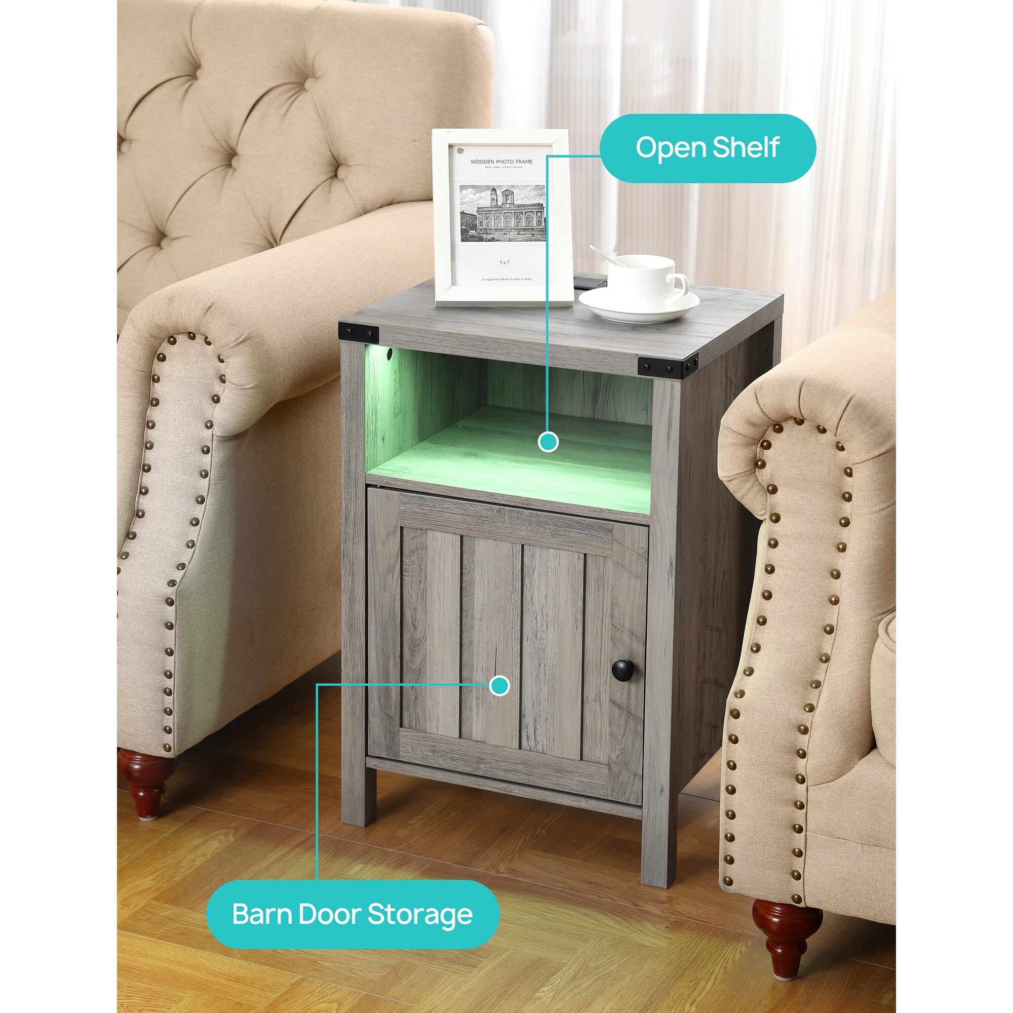 Modern Nightstand with Charging Station,Side Table with RGB Light Strip,USB Ports and Outlets, Barn Door Cabinet