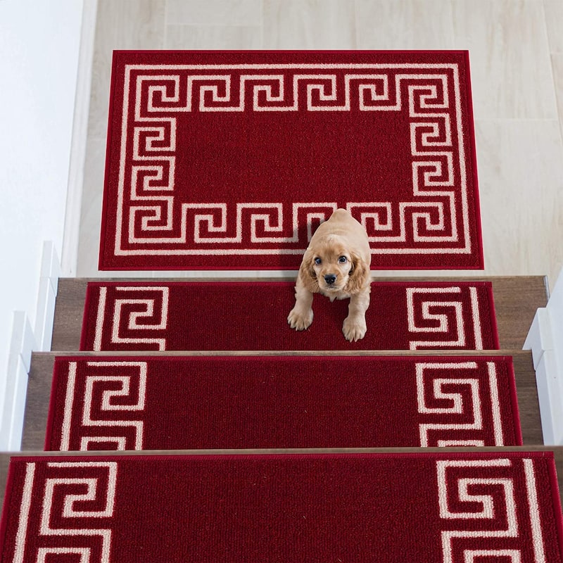 Stair Treads Greek Key Meander Design Non Slip Backing, 8.5''X26'' - Set of 3 - Red