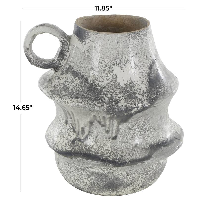 Paper Mache Distressed Fluted Decorative Vase with Light Gray Texturing and Ring Handle - Light Gray - Roche River Decor