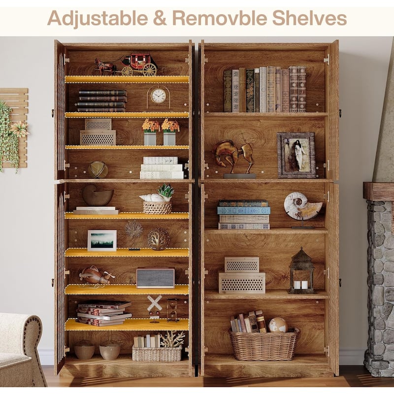70.8 Inch Tall Bookcase with 4 Slatted Doors, 9-Tier Farmhouse Bookshelf with Storage Shelves