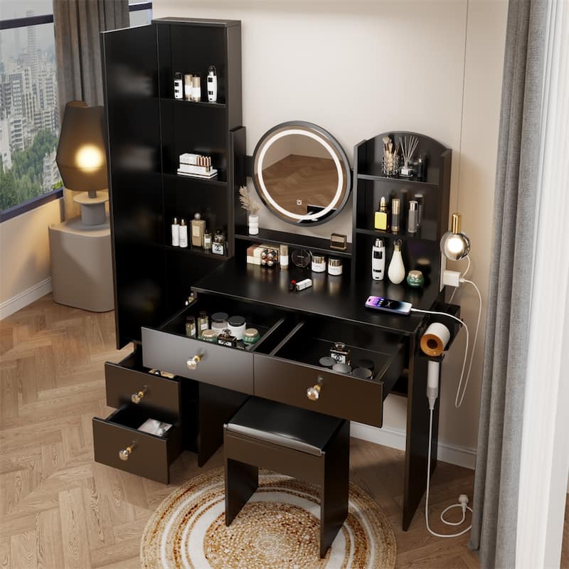 Full Mirror Cabinet + Round Mirror LED Vanity Table + Cushioned Stool