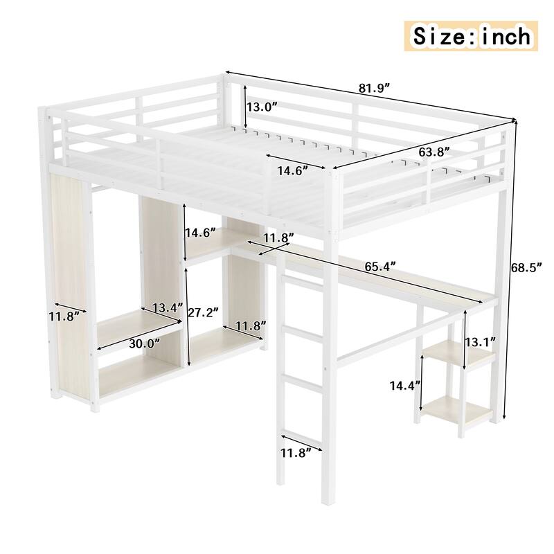 Queen Size Loft Bed with Wardrobe, Desk, and Storage Shelves in White Wood-grain Finish