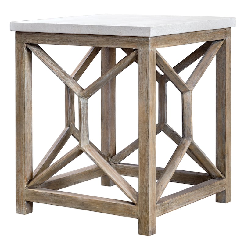 26" Catali Mixed Natural Wood Geometric End Table Ivory Limestone Top